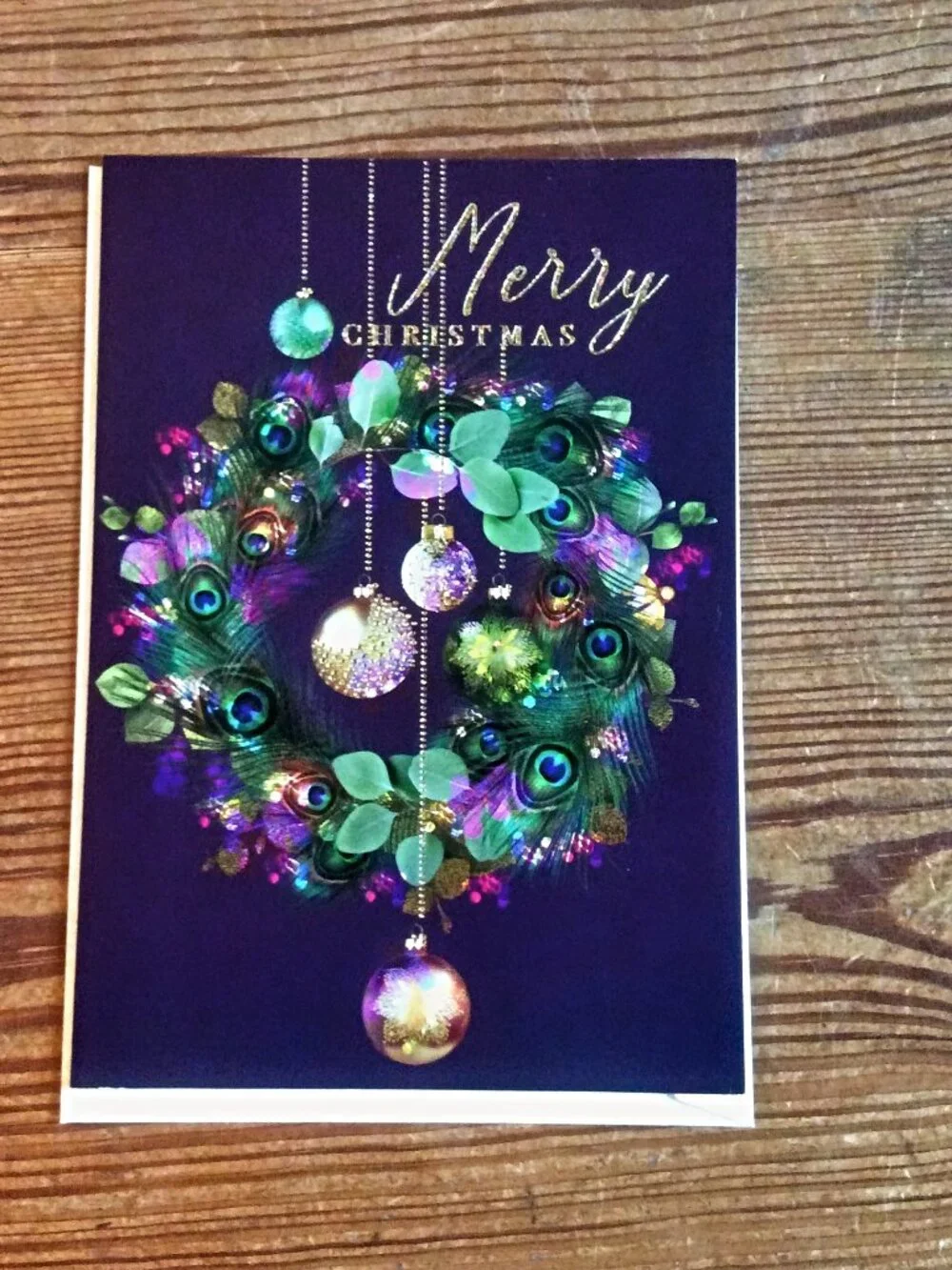 Set of 6 Vintage Merry Christmas Cards Envelopes Peacock Feather Wreath Unused